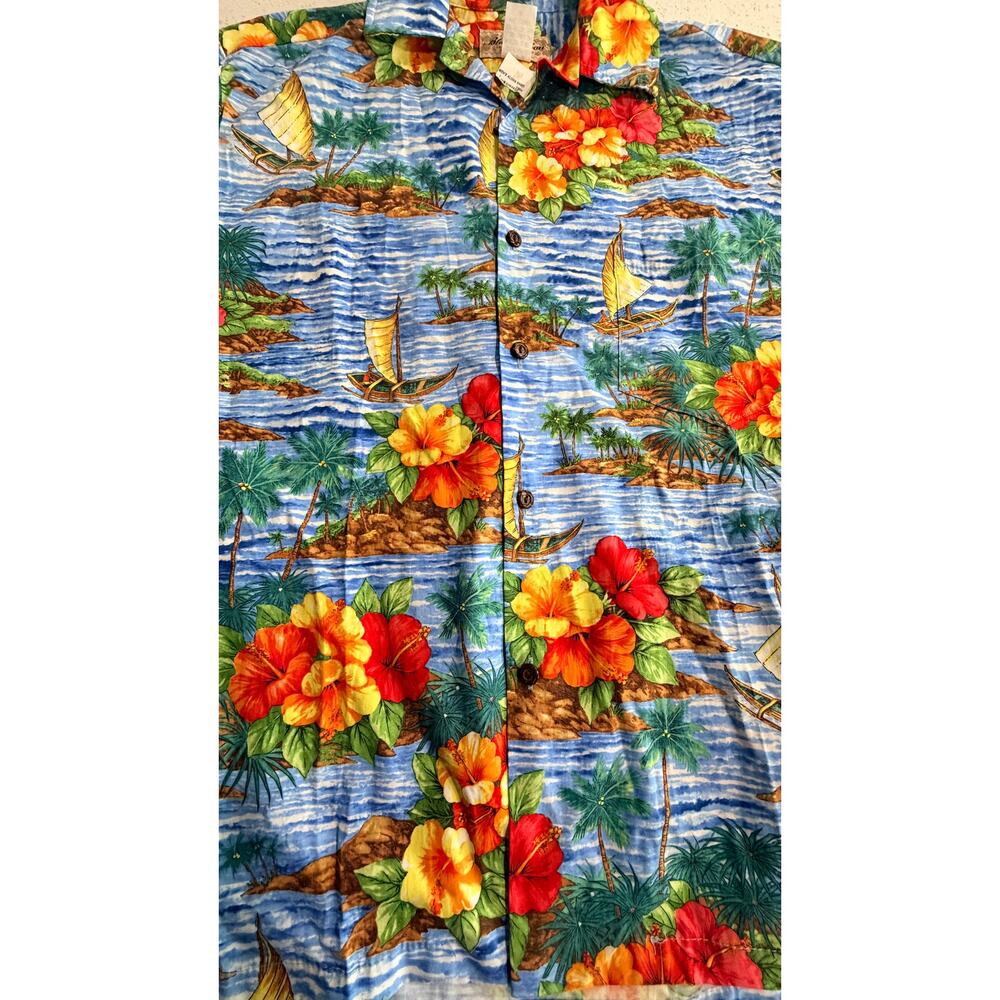 Blue Hawaii Mens M Hawaiian Aloha Shirt Cotton Sailboat Floral Made in Hawaii - Picture 4 of 6